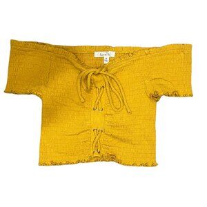 Love Tree Mustard Off Shoulder Crop Top Lace Up Eyelet Corset Front Women's Sz M